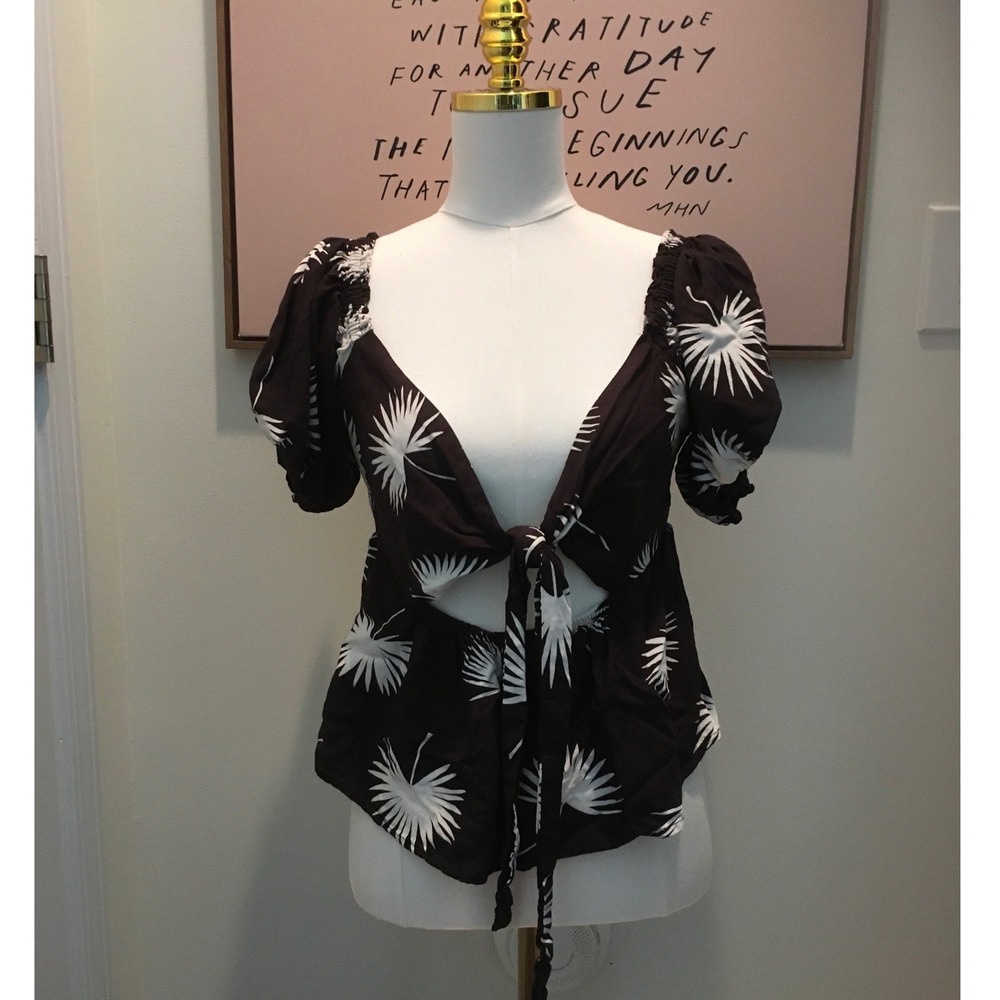 Volcom Womens Black White Tropical Palm Tie Front Puff Sleeve Crop Top Size L 10